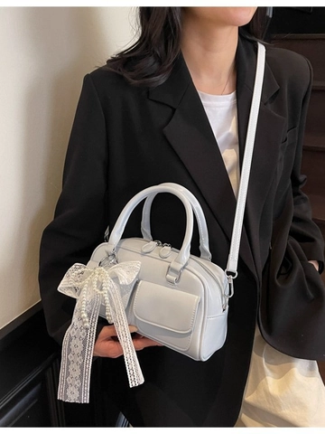 Vintage Boston Bag For Women Sweet PU Leather Handbag With Artificial Pearl Lace Charm Small Bowling Crossbody Bag Daily Underarm Shoulder Bag