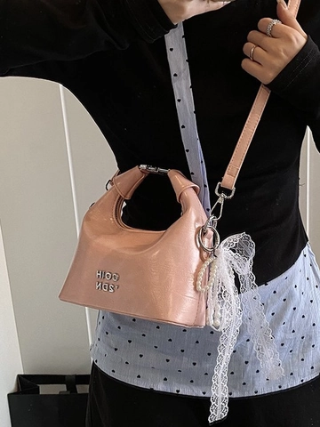Damen Koreanischer Stil Glänzend PU-Leder Dumpling Tasche Klein Handheld Umhängetasche Mit Künstliche Perlen-Spitzen-Anhänger Vielseitig