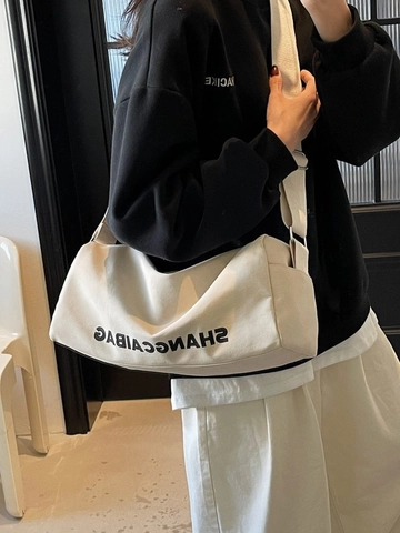 Borsa a Tracolla da Donna in Tela di Grande Capacità Stile Coreano Rilassato Stampa Lettere Borsa a Cuscino Casual