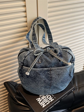 Bolso Tote Redondo de Mezclilla Lavada Vintage para Mujer Bolso de Hombro Casual Gran Capacidad Con Lazo Bolso de Mano
