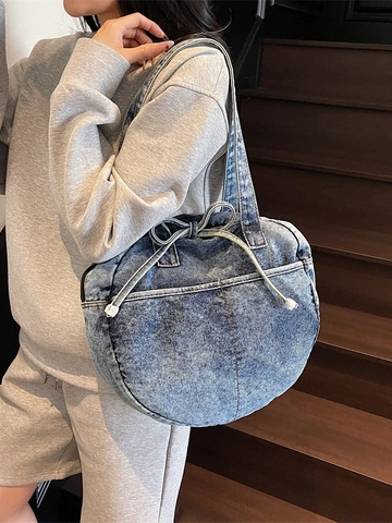 Bolso Tote Redondo de Mezclilla Lavada Vintage para Mujer Bolso de Hombro Casual Gran Capacidad Con Lazo Bolso de Mano