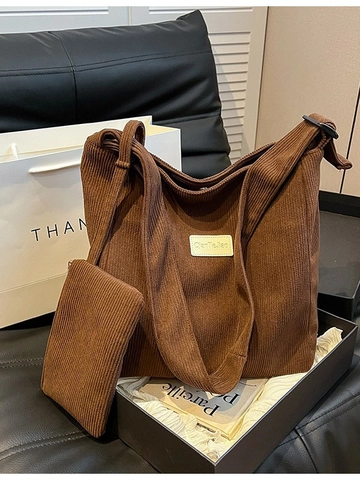 Women Casual Corduroy Tote Bag Large Capacity Shoulder Bag With Small Pouch Adjustable Strap Retro Hobo Bag For Daily Use