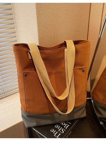 Bolso Tote de Lona Casual Simple de Gran Capacidad para Mujeres Estudiantes Color de Contraste Patchwork Decoración de Remaches Bolso de Hombro Uso Diario
