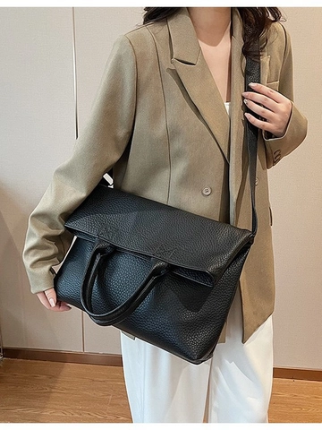 Women Large Capacity PU Leather Tote Bag Pebbled Texture Foldover Flap Handbag Shoulder Crossbody Bag Fashion Commute Bag