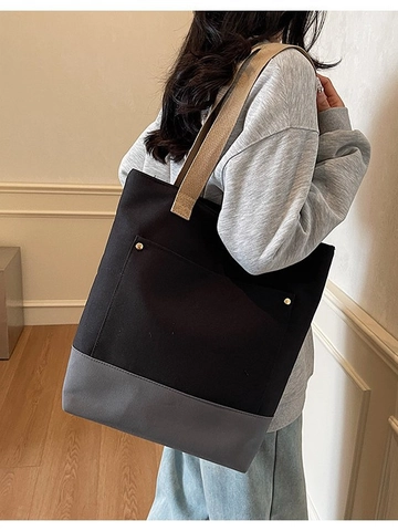 Bolso Tote de Lona Casual Simple de Gran Capacidad para Mujeres Estudiantes Color de Contraste Patchwork Decoración de Remaches Bolso de Hombro Uso Diario