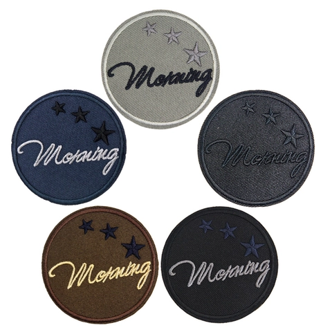 Round Embroidered Morning Word Star Patch Iron On Sew On Decorative Applique Repair Patch For Jeans Jackets Hats Clothing Accessories