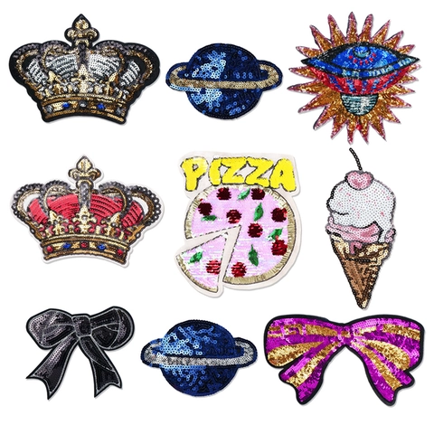 Large Sequin Applique Patches Crown Planet Eye Pizza Ice Cream Bow DIY Embroidery Sewing Patches For Clothes Bag Hat
