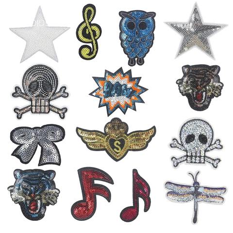 Shiny Sequin Embroidery Patches For Clothing DIY Iron On Applique Tiger Owl Skull Music Note Star For Jacket Decor