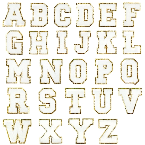 Chenille Embroidery Letter Patches Gold Glitter Border Alphabet Heat Seal Self Adhesive Patch For Clothing Bag Hat DIY Decoration Varsity Style