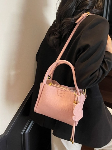 Damen Eleganter Litschi Muster PU Leder Handtasche Mode Eimer Umhängetasche Mit Süßem Tieranhänger Für Tägliches Pendeln