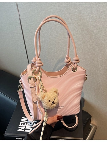 Women Wave Texture PU Leather Bucket Bag Niche Design Shoulder Handbag With Bear Pendant Versatile Chic Crossbody Bag
