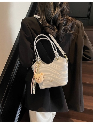 Women Wave Texture PU Leather Bucket Bag Niche Design Shoulder Handbag With Bear Pendant Versatile Chic Crossbody Bag