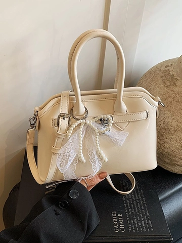 Women Elegant PU Leather Small Square Crossbody Bag With Bow Pearl Lace Pendant Luxury Lock Handheld Shoulder Bag Satchel