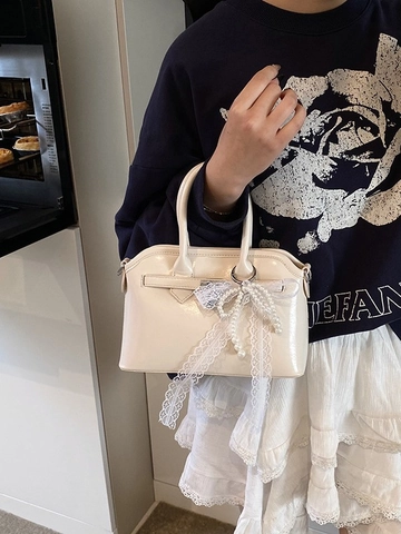 Women Elegant PU Leather Small Square Crossbody Bag With Bow Pearl Lace Pendant Luxury Lock Handheld Shoulder Bag Satchel