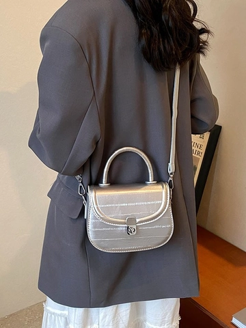 Damen Minimalistische PU Leder Satteltasche Krokodilmuster Kleine Handtasche Mit Griff Silber Hardware Schulter Umhängetasche