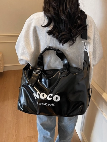 Borsa da Viaggio Donna Grande Capacità in Pelle PU Lucida Tote Bag Moda Fitness Sport Borsa a Mano Porta Bagagli con Lettere