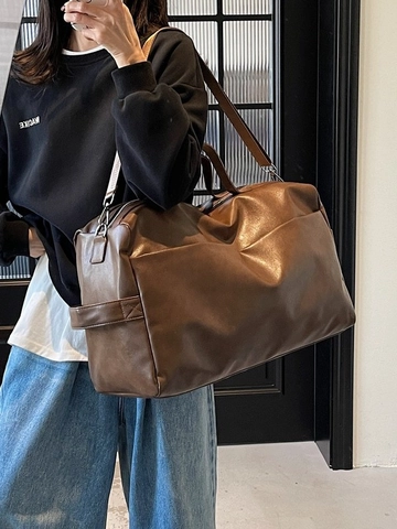 Women Retro Large Capacity PU Leather Tote Bag Fashion Commuter Shoulder Bag Solid Color Travel Duffel Bag Gym Bag Handbag