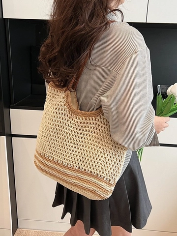 Large Capacity Cotton Woven Tote Bag Hollow Out Mesh Straw Shoulder Bag For Women Summer Beach Vacation Travel Handbag