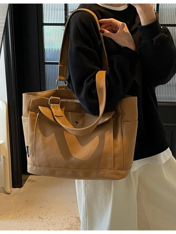 Women Large Capacity Canvas Tote Bag Minimalist Casual Shoulder Bag With Zipper Multi Pockets For Daily Work School Travel