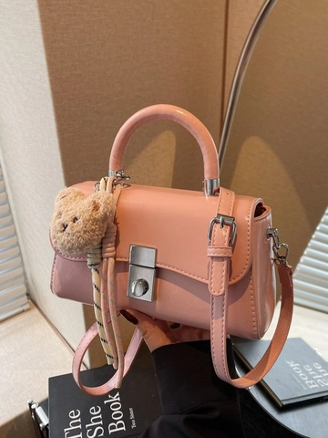 Vintage PU Leder Umhängetasche Für Damen Koreanischer Stil Handtasche Mit Bären Anhänger Metallsperre Kleine Quadratische Tasche