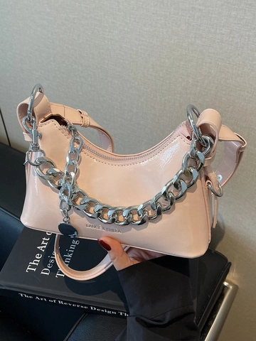 Bolso de Axila de Cuero Barnizado Brillante para Mujer Cadena de Plata Gruesa Bolso de Hombro Dumpling de Media Luna Color Sólido