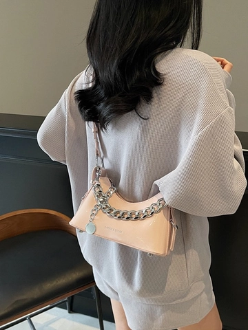 Bolso de Axila de Cuero Barnizado Brillante para Mujer Cadena de Plata Gruesa Bolso de Hombro Dumpling de Media Luna Color Sólido
