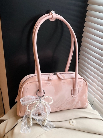 Sac sous le Bras Chic en Similicuir Brillant Avec Pendentif Nœud en Dentelle et Künstliche Perles Sac à Épaule Polyvalent pour Femmes Style Français Rétro Boston Bag