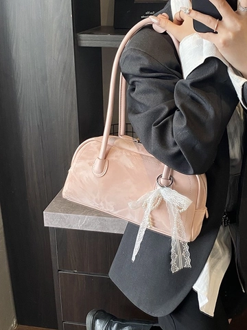 Sac sous le Bras Chic en Similicuir Brillant Avec Pendentif Nœud en Dentelle et Künstliche Perles Sac à Épaule Polyvalent pour Femmes Style Français Rétro Boston Bag