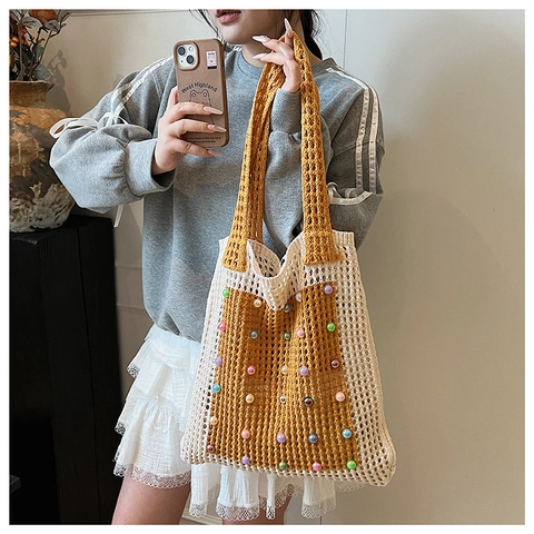 Sac Fourre-tout au Crochet à la Main Tricoté Ajouré Sac à Épaule Avec Künstliche Perles Colorées Style Bohème Femme Sac de Plage