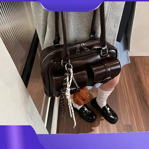 Women Vintage PU Leather Shoulder Bag Glossy Pillow Handbag With Bear Charm Retro Commuter Underarm Tote Bag Multi Pocket
