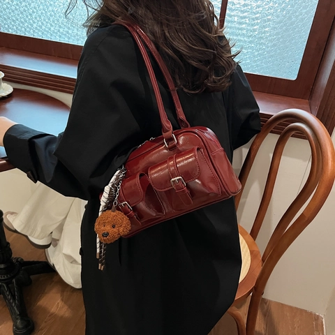 Women Vintage PU Leather Shoulder Bag Glossy Pillow Handbag With Bear Charm Retro Commuter Underarm Tote Bag Multi Pocket