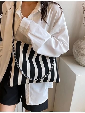 Große Kapazität Damen Tote Bag Schwarz Weiß Vertikal Gestreift Canvas Umhängetasche Mit Metallkette Und Lederriemen