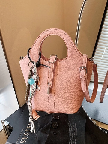 Women Minimalist Litchi Grain PU Leather Bucket Bag Elegant Top Handle Handbag With Metal Lock Adjustable Strap Crossbody Bag