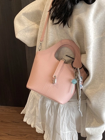 Women Minimalist Litchi Grain PU Leather Bucket Bag Elegant Top Handle Handbag With Metal Lock Adjustable Strap Crossbody Bag