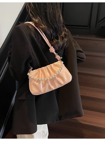 Women Ruched Cloud Crossbody Bag Artificial Pearl Chain PU Leather Elegant Small Square Handbag Versatile Shoulder Bag For Daily Party Travel