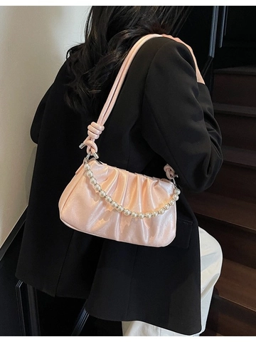 Women Ruched Cloud Crossbody Bag Artificial Pearl Chain PU Leather Elegant Small Square Handbag Versatile Shoulder Bag For Daily Party Travel