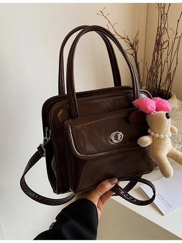 Women Vintage Glossy PU Leather Handbag Square Crossbody Shoulder Bag With Plush Dog Charm Silver Metal Lock Fashion Satchel