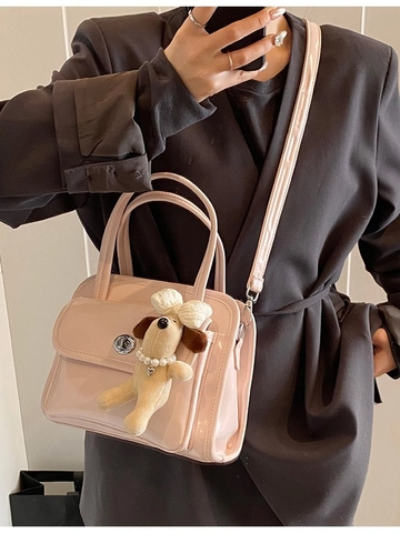 Women Vintage Glossy PU Leather Handbag Square Crossbody Shoulder Bag With Plush Dog Charm Silver Metal Lock Fashion Satchel