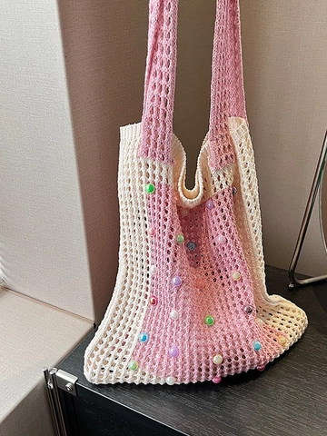 Bolso Tote de Punto de Ganchillo Hecho a Mano para Mujer Color de Contraste Bolso de Hombro con Cuentas de Colores Gran Capacidad para Playa