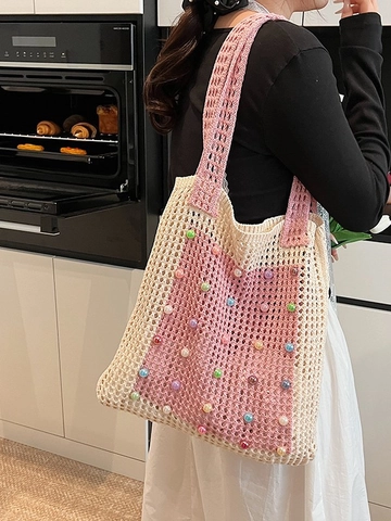 Bolso Tote de Punto de Ganchillo Hecho a Mano para Mujer Color de Contraste Bolso de Hombro con Cuentas de Colores Gran Capacidad para Playa
