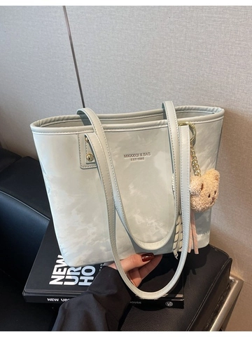 Women Marble Pattern PU Leather Tote Bag Large Capacity Contrast Color Shoulder Bag With Plush Bear Charm For Commuting