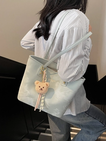 Women Marble Pattern PU Leather Tote Bag Large Capacity Contrast Color Shoulder Bag With Plush Bear Charm For Commuting