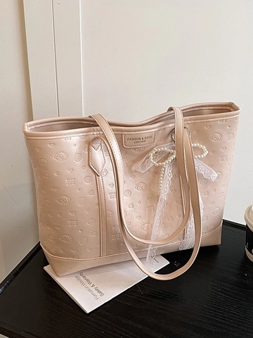 Borsa Tote in Rilievo Cartone Animato per Donna Con Fiocco in Perla Artificial Pizzo Grande Capacità Borsa a Tracolla Pelle PU