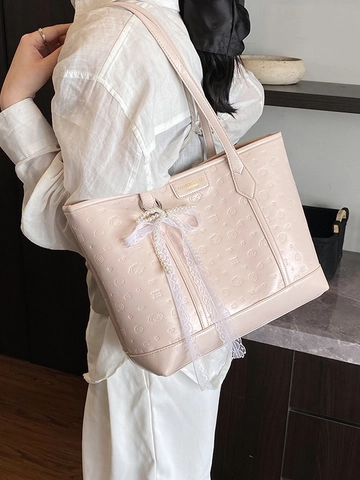Borsa Tote in Rilievo Cartone Animato per Donna Con Fiocco in Perla Artificial Pizzo Grande Capacità Borsa a Tracolla Pelle PU