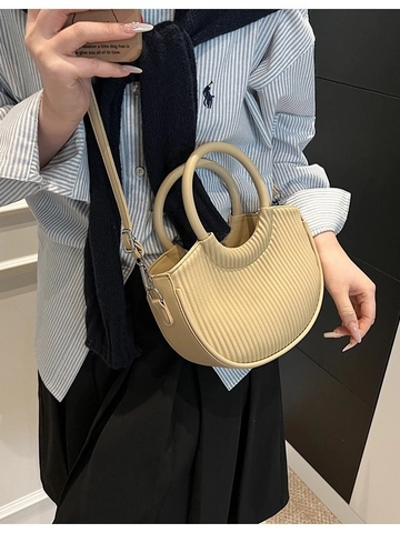 Bolso Bandolera Plisado Media Luna para Mujer Cuero PU Asa Redonda Bolso de Hombro Color Sólido Textura Vertical Bolso