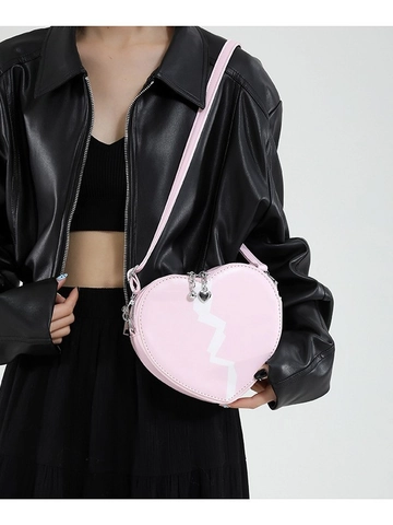 Sac Bandoulière Femme en Cuir PU en Forme de Cœur Motif Éclair Cœur Brisé Petit Sac à Main avec Fermeture Éclair