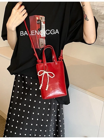 Sweet Bow Faux Artificial Pearl Glossy PU Bucket Crossbody Bag For Women Versatile Mini Handbag Tote Shoulder Bag For Dating Party
