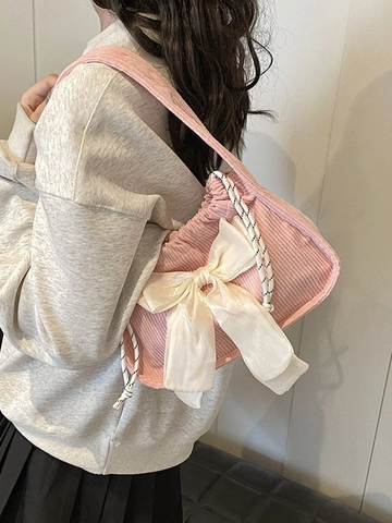 Women Sweet Corduroy Shoulder Bag With Large Satin Bow Knot Drawstring Handbag Retro Korean Style Casual Underarm Bag For Dating Daily Use