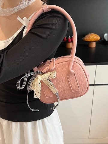 Bolso Bandolera Mujer Cuero PU Grano Lichi Lazo Cinta Bolso Hombro Axila Diario Moda Dulce Bolso de Mano Para Mujer