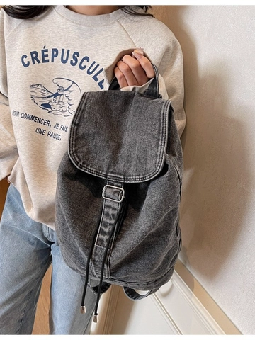 Zaino in Denim Lavato Retrò da Donna Casual Grande Capacità Borsa da Viaggio per la Scuola Con Coulisse Copertura a Flip